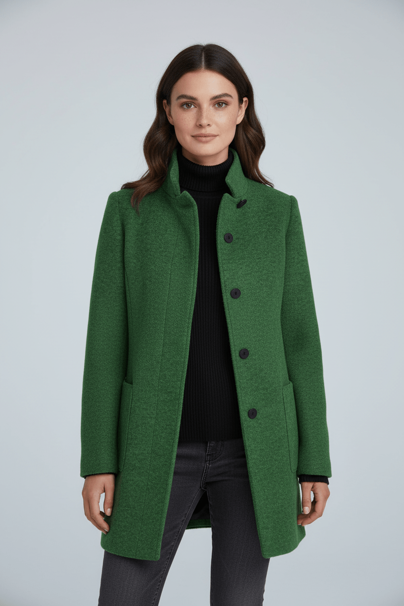 Dames Winterjas met Staande Kraag en Knoopsluiting Kniehoogte Groen