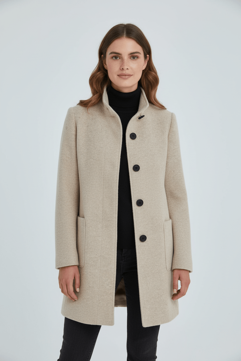 Dames Winterjas met Staande Kraag en Knoopsluiting Kniehoogte Beige