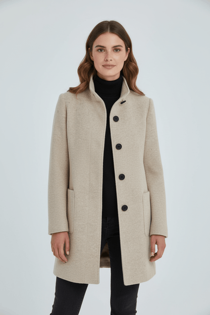 Dames Winterjas met Staande Kraag en Knoopsluiting Kniehoogte Beige