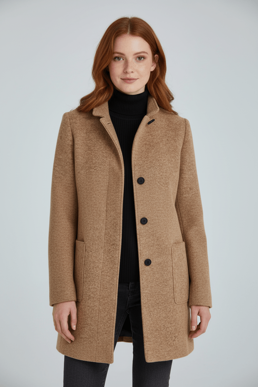 Dames Winterjas met Staande Kraag en Knoopsluiting Kniehoogte Khaki