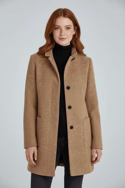 Dames Winterjas met Staande Kraag en Knoopsluiting Kniehoogte Khaki