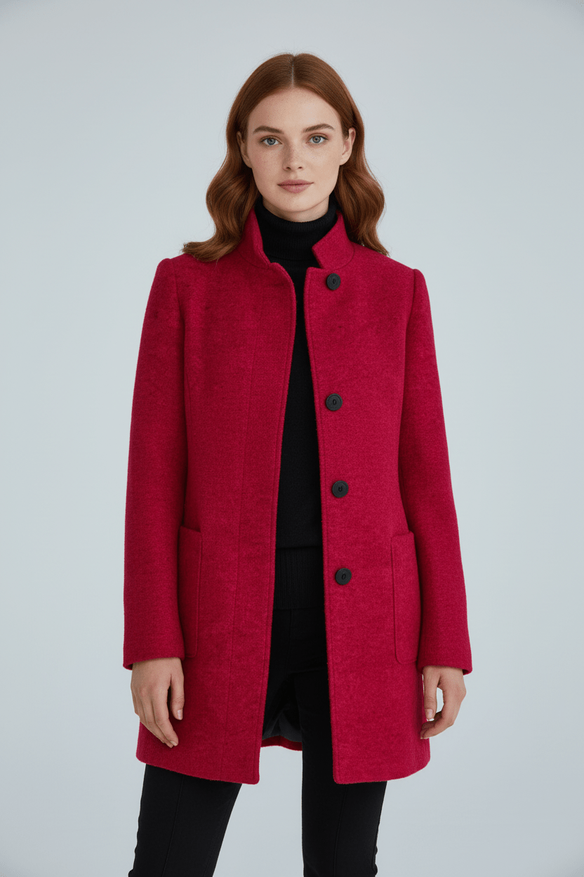 Dames Winterjas met Staande Kraag en Knoopsluiting Kniehoogte Rood