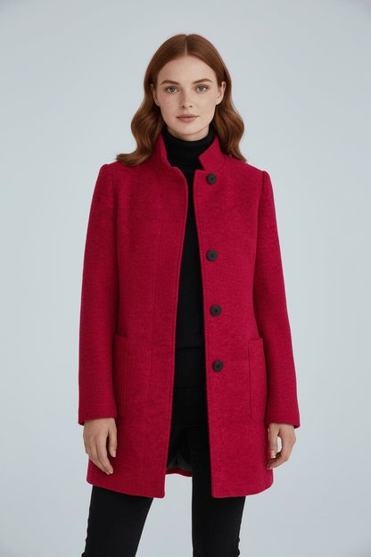 Dames Winterjas met Staande Kraag en Knoopsluiting Kniehoogte Rood