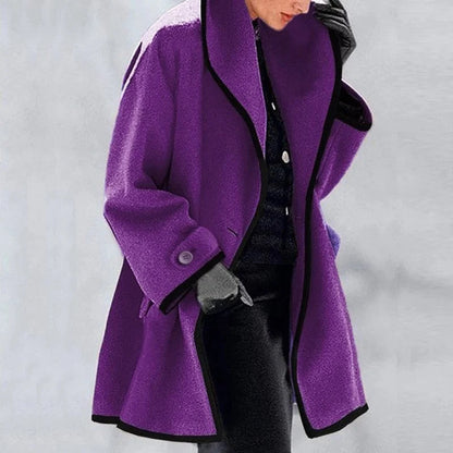 Dames Winterjas Oversized met Brede Revers en Knoopsluiting Paars