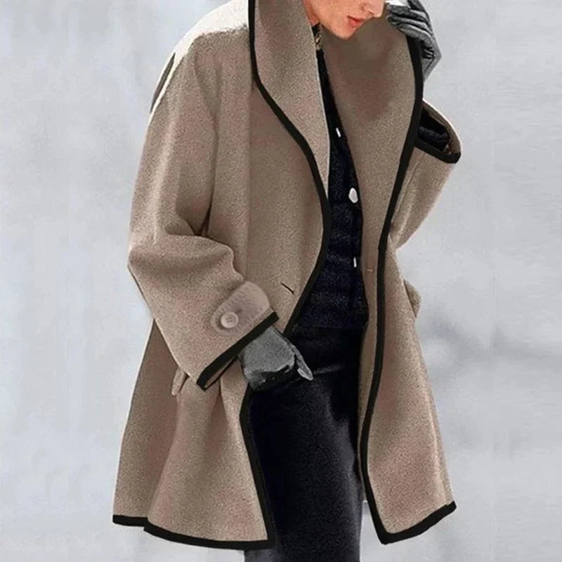 Dames Winterjas Oversized met Brede Revers en Knoopsluiting Beige Zwart