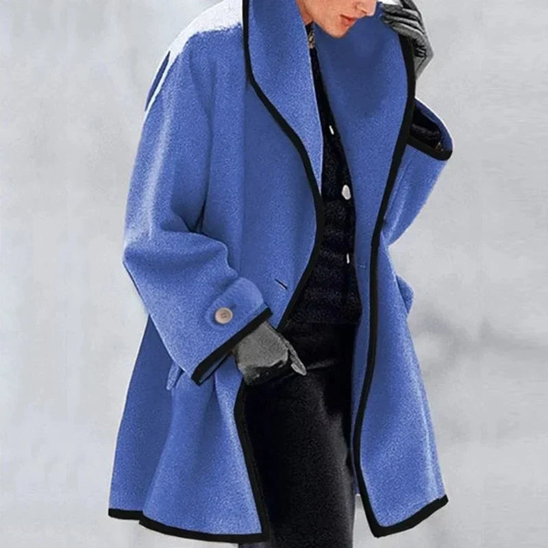 Dames Winterjas Oversized met Brede Revers en Knoopsluiting Blauw Zwart