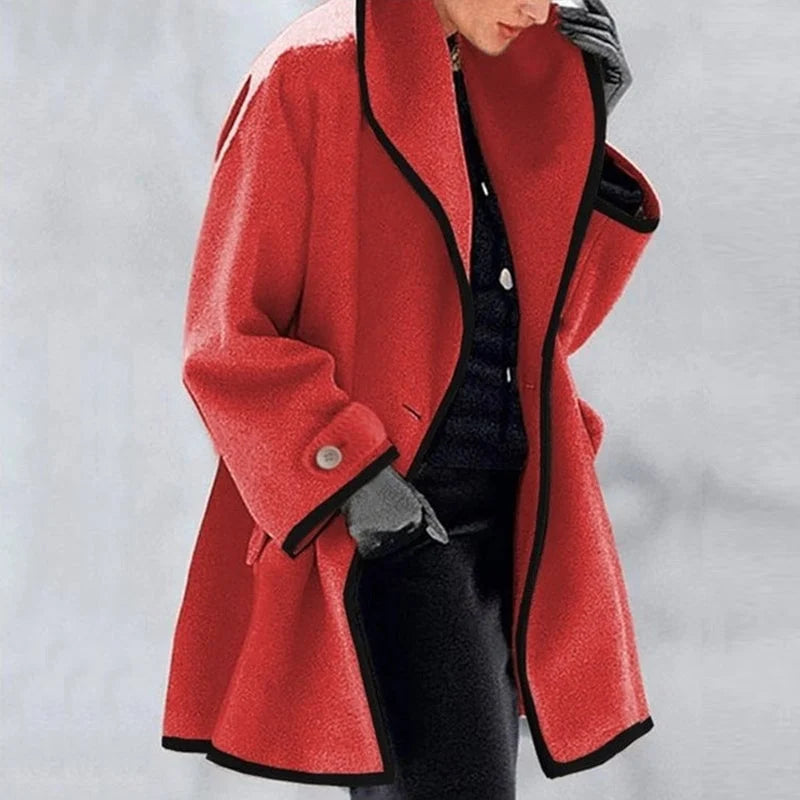 Dames Winterjas Oversized met Brede Revers en Knoopsluiting Rood Zwart