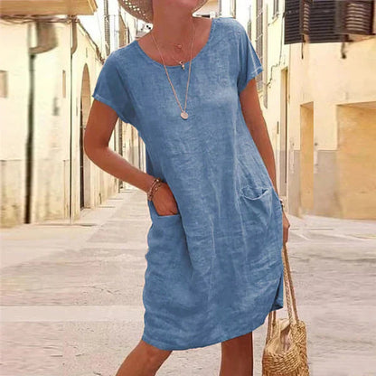 Dames Zomerjurk Korte Mouw met Ronde Hals en Steekzakken Blauw