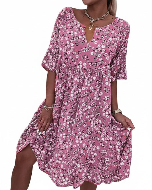 Dames Zomerjurk met Bloemenprint, V-hals en Korte Mouwen