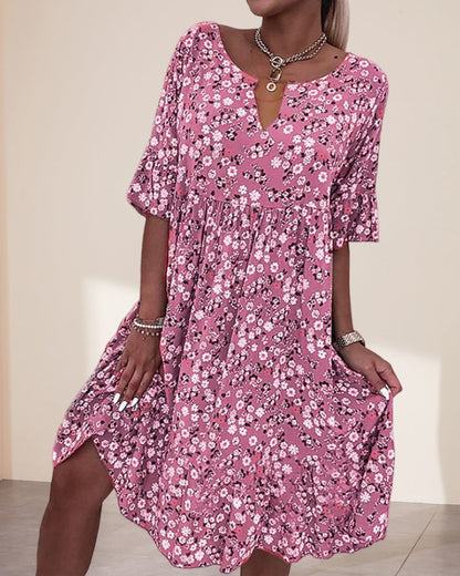 Dames Zomerjurk met Bloemenprint, V-hals en Korte Mouwen Roze
