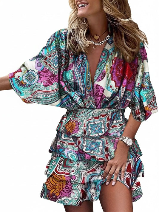 Dames Zomerjurk met Diepe V-hals, Elastische Taille en Gelaagde Ruches