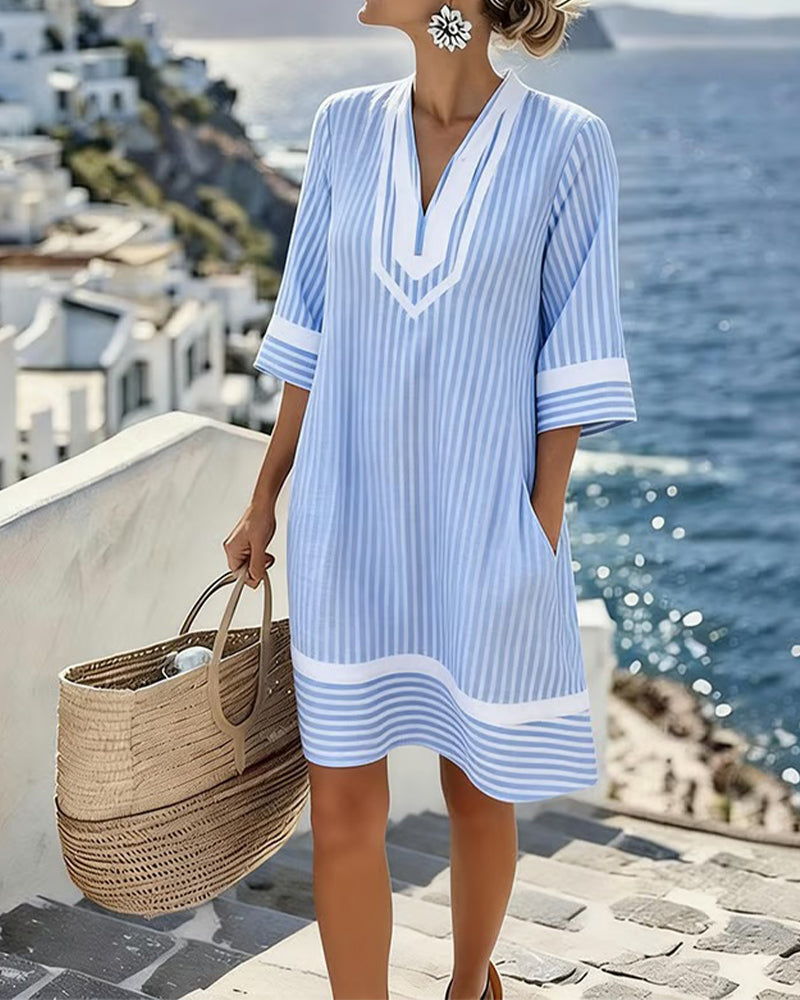 Dames Zomerjurk met V-hals, Korte Mouwen en Streepprint Blauw