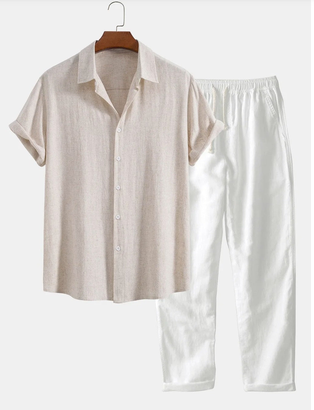 Heren Casual Shirt met Korte Mouwen en Broek Kledingset Beige Wit