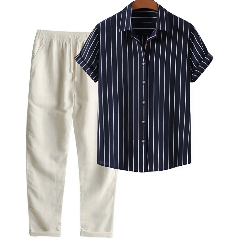 Heren Kledingset Shirt Korte Mouwen en Lange Broek Zwart Beige
