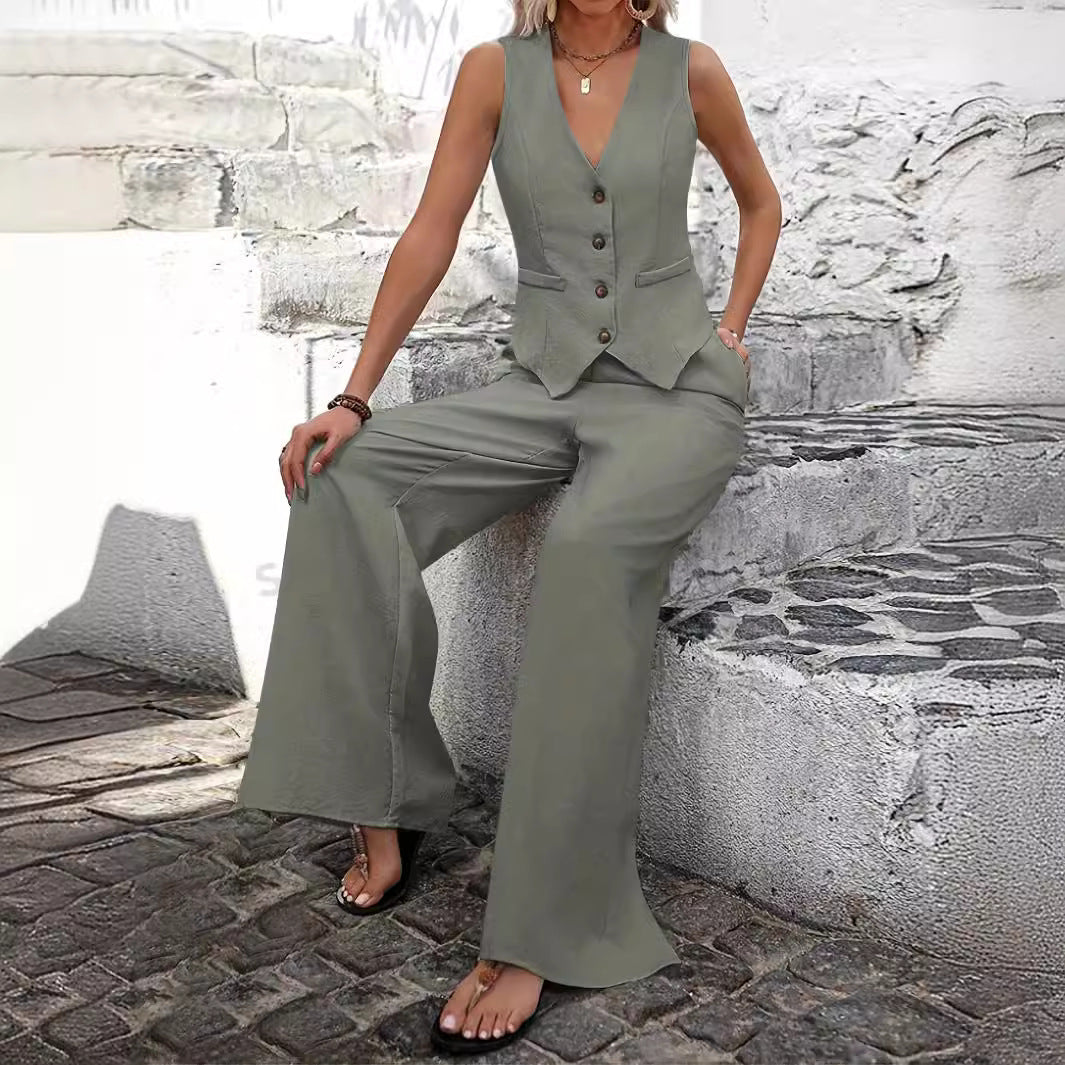 Dames Co-ord Set Zomer met Mouwloos Gilet en Lange Pantalon