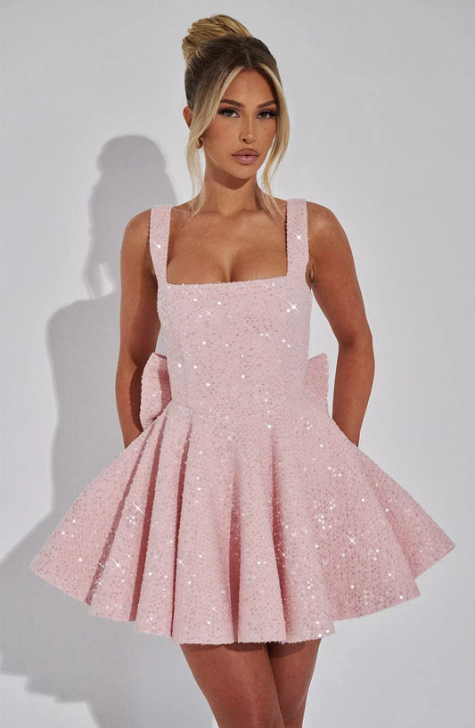 Glitter Mini Jurk met Grote Strik aan de Rug en Verstelbare Bandjes