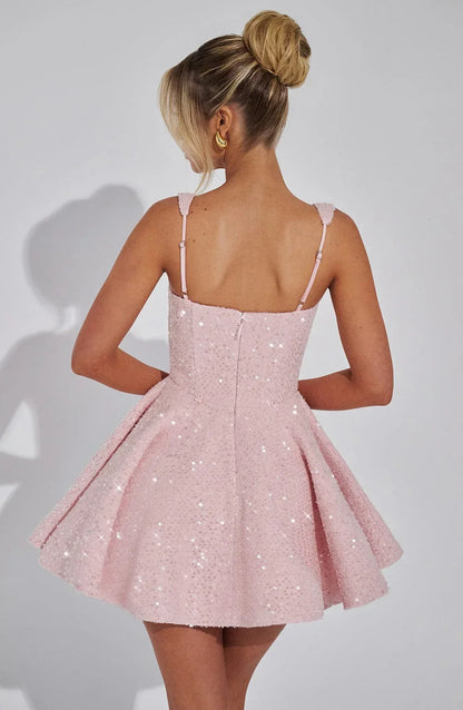 Glitter Mini Jurk met Grote Strik aan de Rug en Verstelbare Bandjes