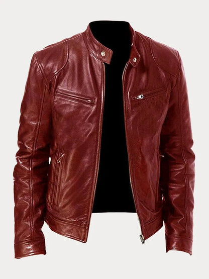 Heren Biker Jacket met Staande Kraag en Ritssluiting Wijn Rood
