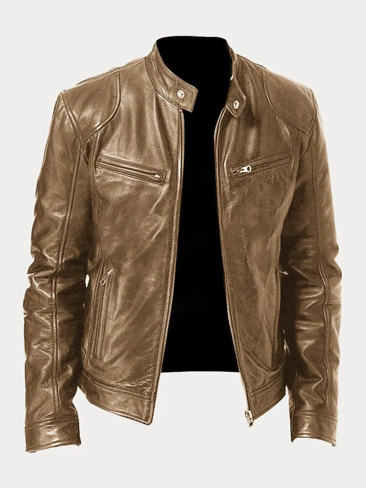 Heren Biker Jacket met Staande Kraag en Ritssluiting Khaki