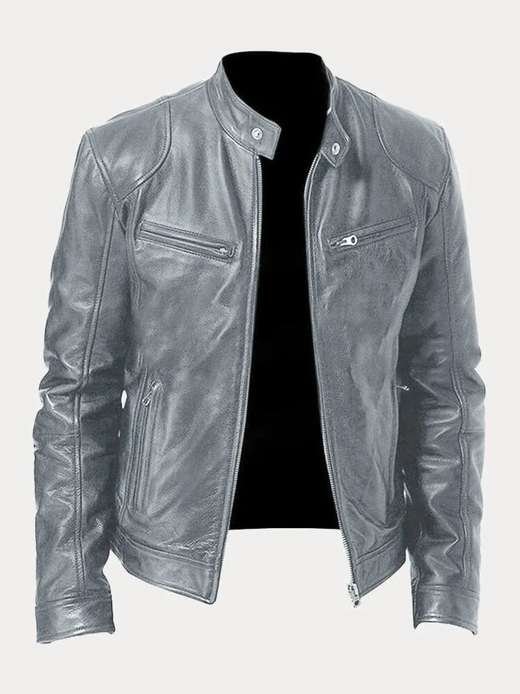 Heren Biker Jacket met Staande Kraag en Ritssluiting Grijs