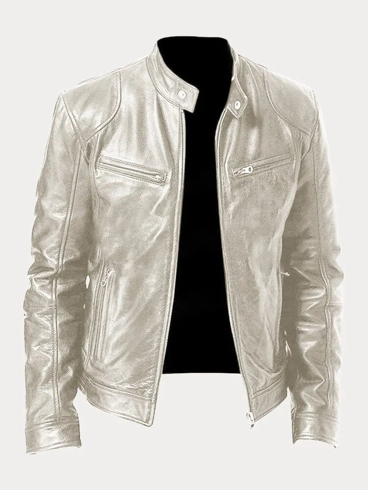 Heren Biker Jacket met Staande Kraag en Ritssluiting Zilver