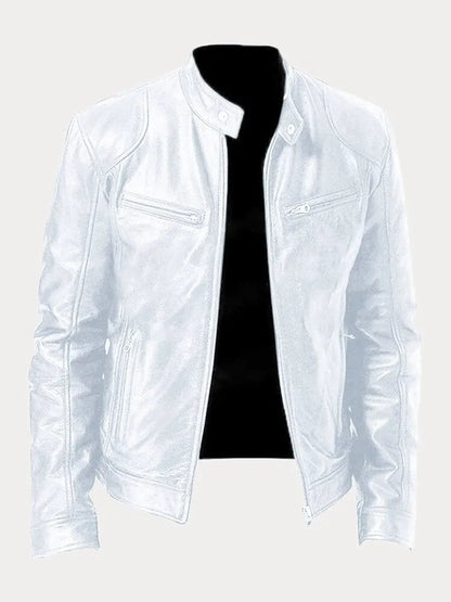 Heren Biker Jacket met Staande Kraag en Ritssluiting Wit