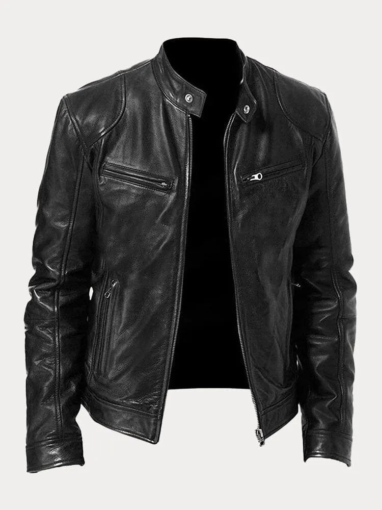 Heren Biker Jacket met Staande Kraag en Ritssluiting Zwart