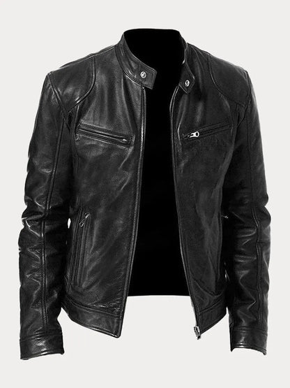 Heren Biker Jacket met Staande Kraag en Ritssluiting Zwart