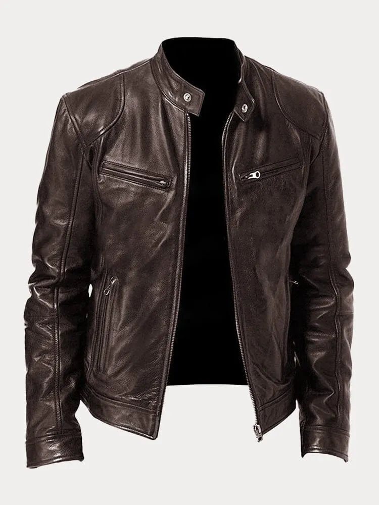 Heren Biker Jacket met Staande Kraag en Ritssluiting Bruin