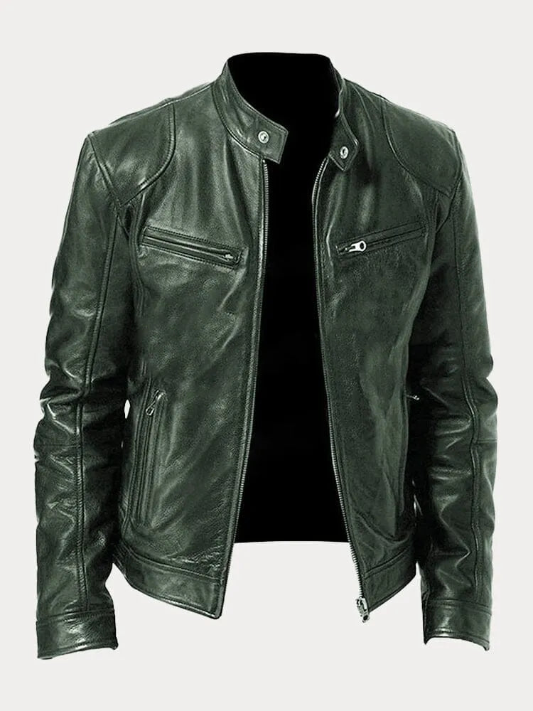 Heren Biker Jacket met Staande Kraag en Ritssluiting Legergroen
