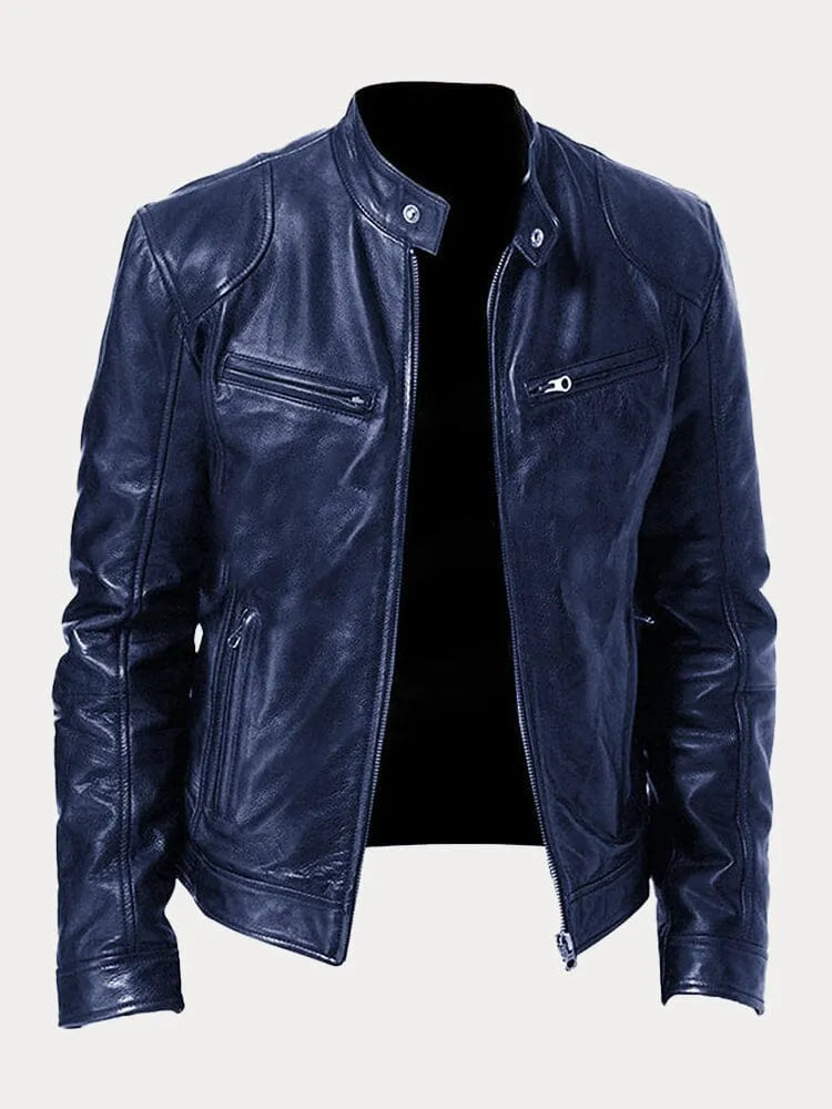 Heren Biker Jacket met Staande Kraag en Ritssluiting Donkerblauw