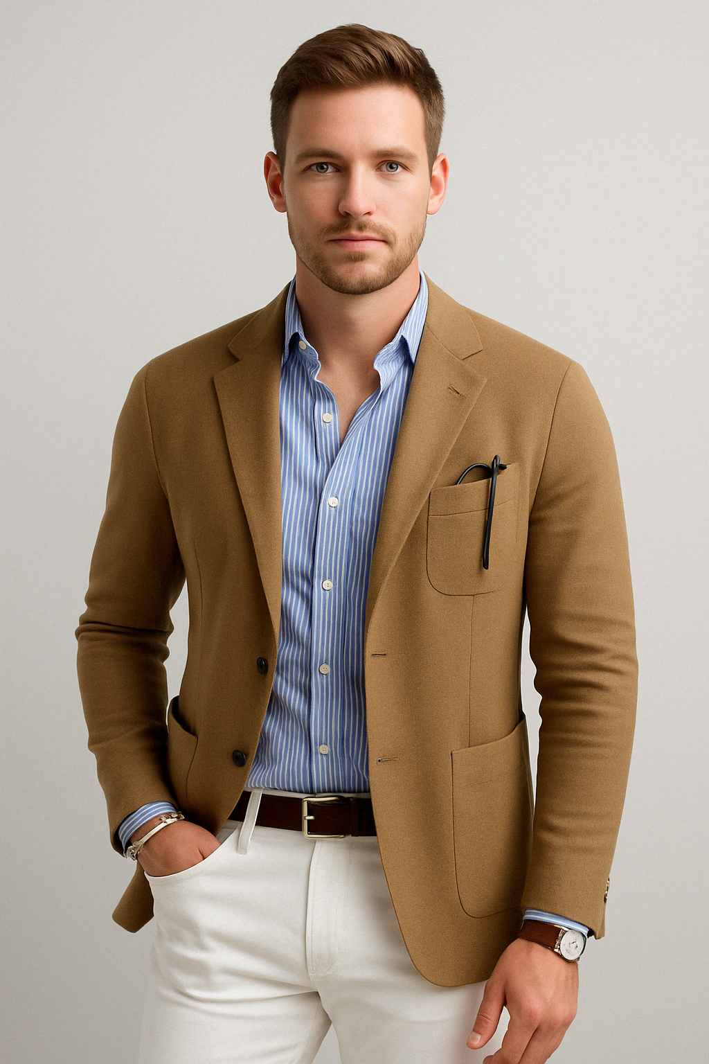 Heren Blazer met Reverskraag, Klepzakken en Lange Mouwen Beige