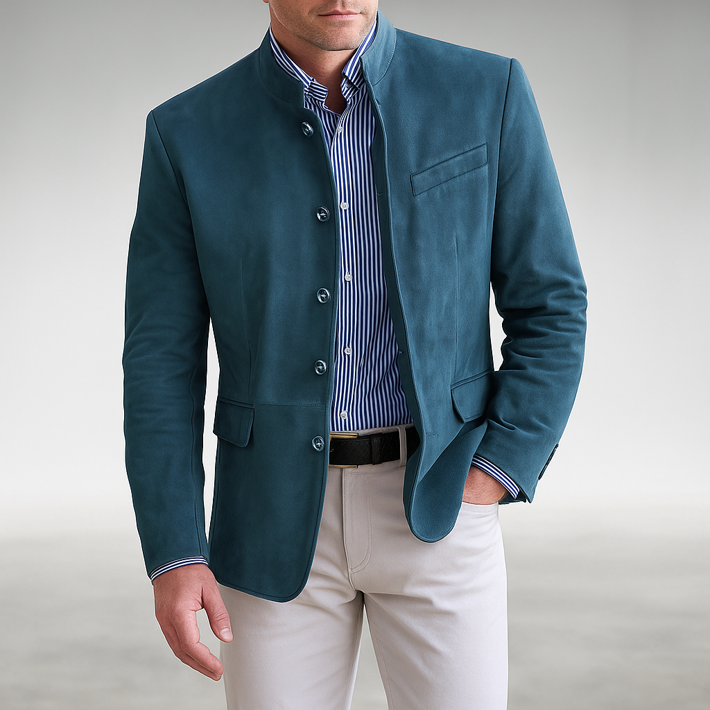 Heren Blazer met Staande Kraag en Knoopsluiting Slim Fit Blauw