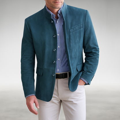 Heren Blazer met Staande Kraag en Knoopsluiting Slim Fit Blauw