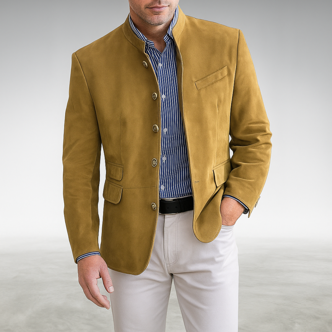 Heren Blazer met Staande Kraag en Knoopsluiting Slim Fit Geel