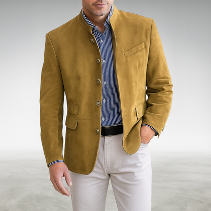 Heren Blazer met Staande Kraag en Knoopsluiting Slim Fit Geel