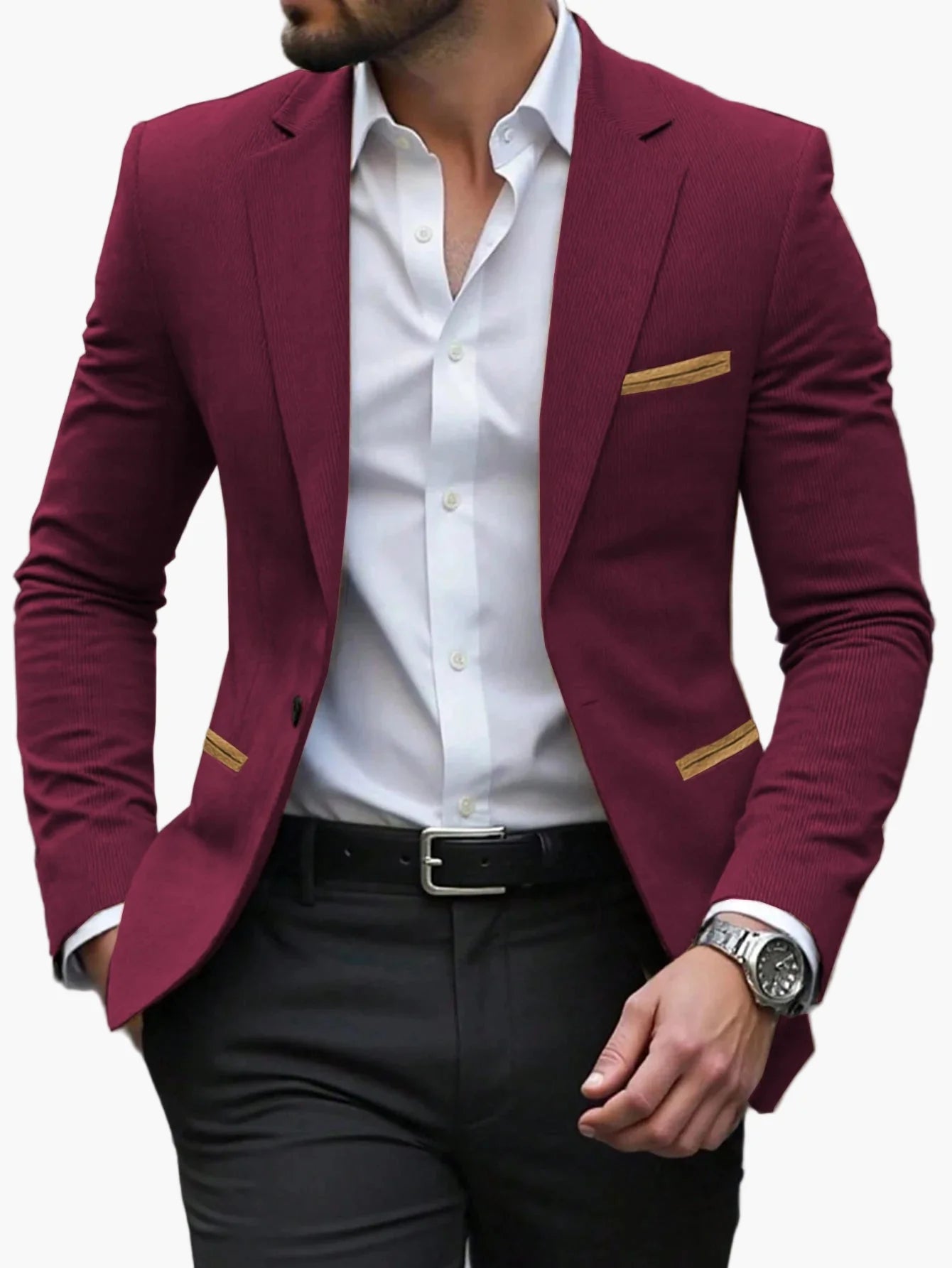 Heren Blazer Slim Fit met Contrasterende Paspels en Revers Bordeauxrood