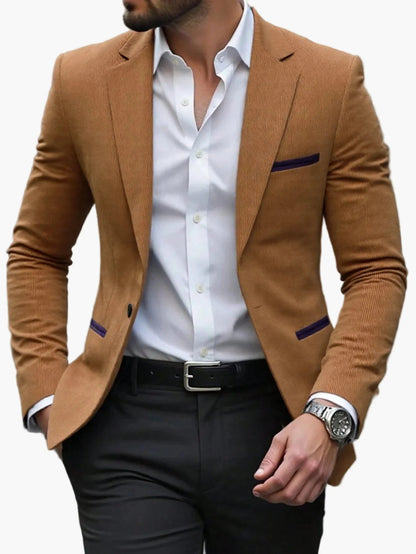 Heren Blazer Slim Fit met Contrasterende Paspels en Revers Khaki