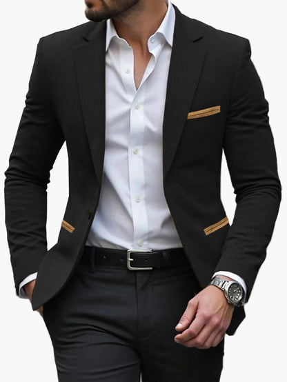 Heren Blazer Slim Fit met Contrasterende Paspels en Revers Zwart