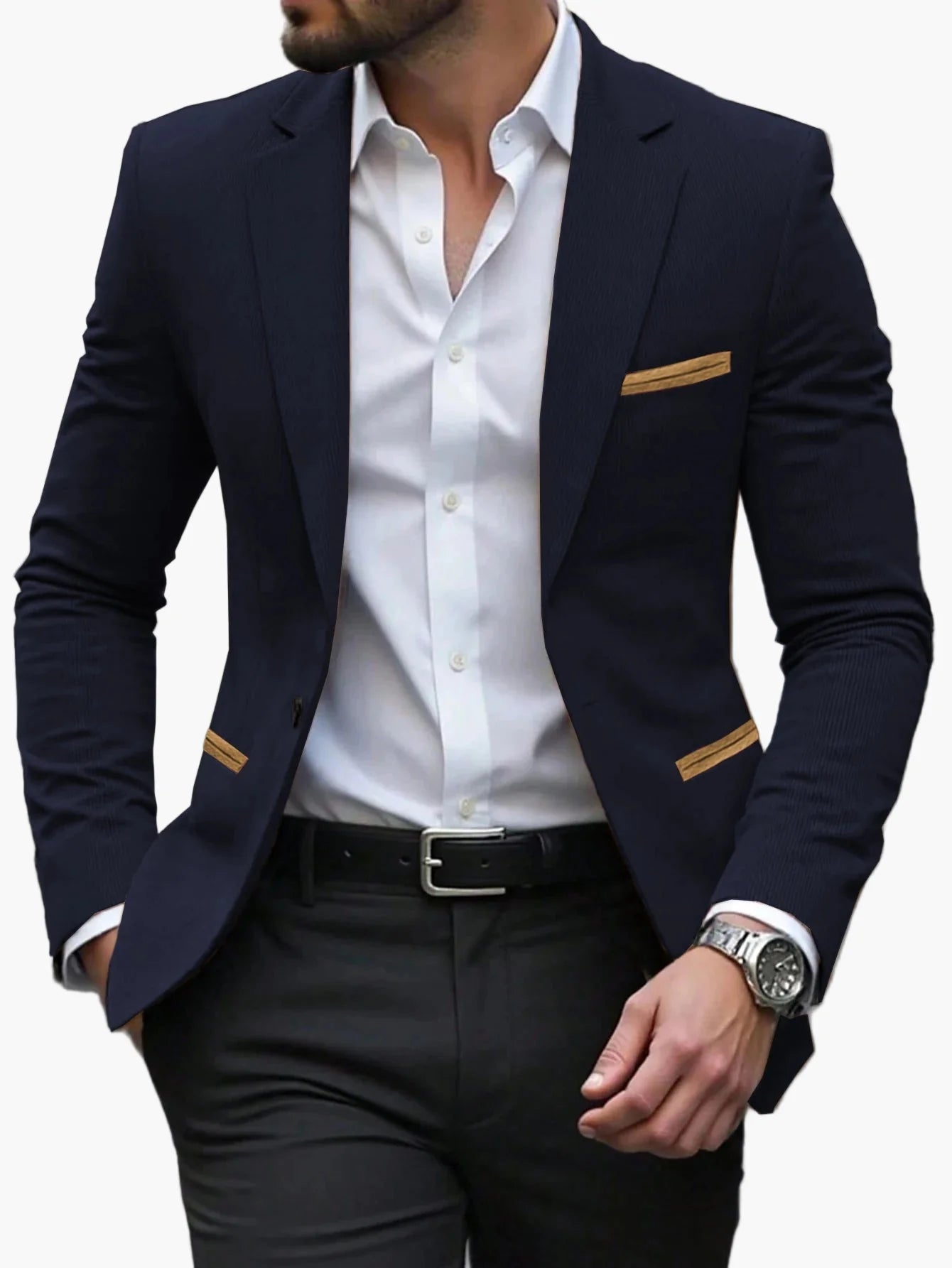 Heren Blazer Slim Fit met Contrasterende Paspels en Revers Marineblauw