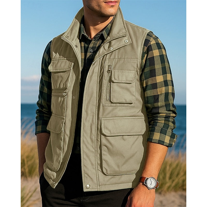 Heren Bodywarmer met Meerdere Zakken en Opstaande Kraag Khaki