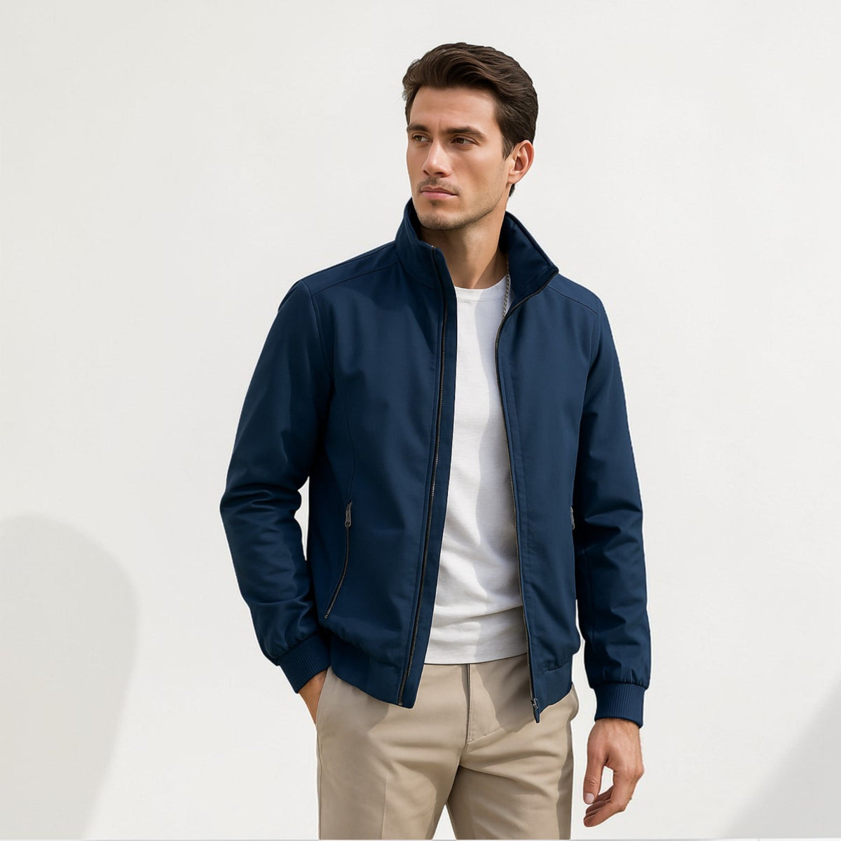Heren Bomber Jacket met Opstaande Kraag en Ritssluiting Blauw