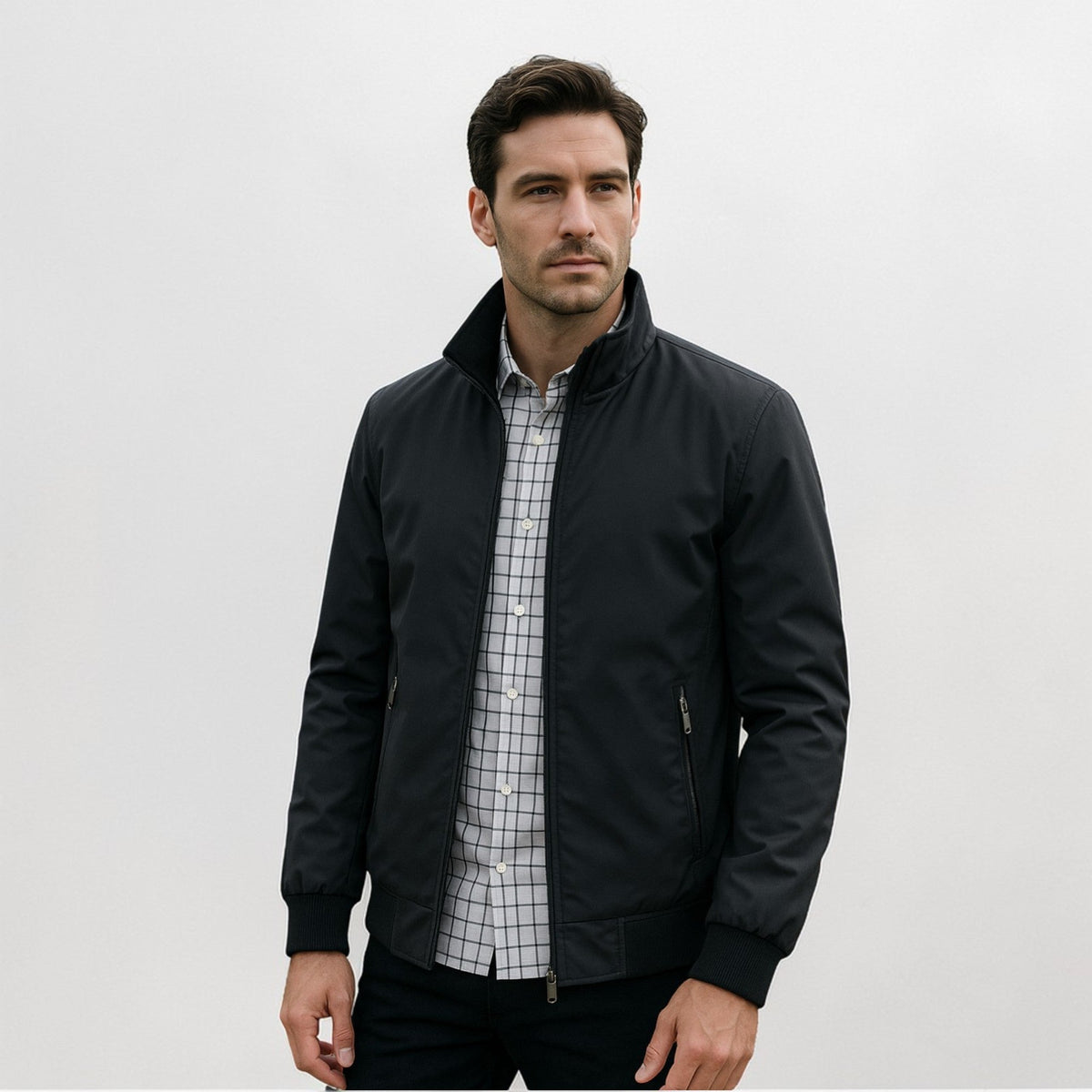 Heren Bomber Jacket met Opstaande Kraag en Ritssluiting Zwart