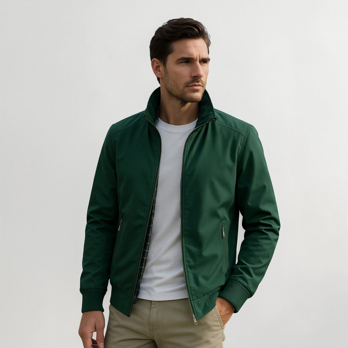 Heren Bomber Jacket met Opstaande Kraag en Ritssluiting Groen