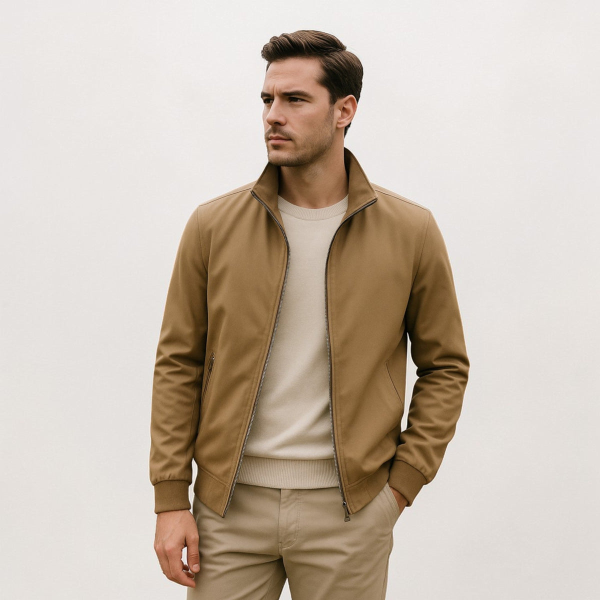 Heren Bomber Jacket met Opstaande Kraag en Ritssluiting Kaki