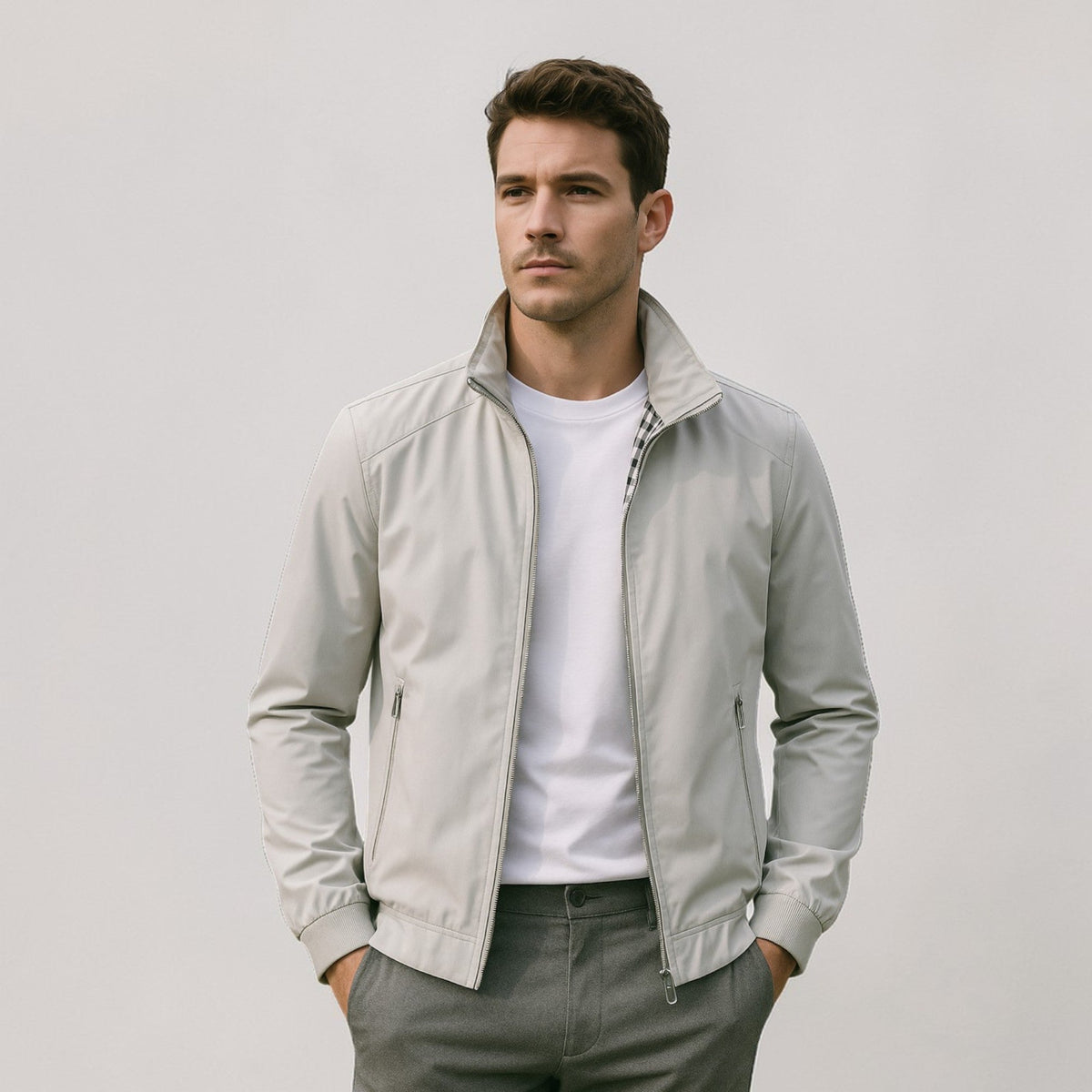 Heren Bomber Jacket met Opstaande Kraag en Ritssluiting Grijs
