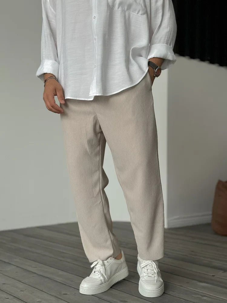 Heren Broek met Geplooide Ribstructuur en Elastische Tailleband Beige