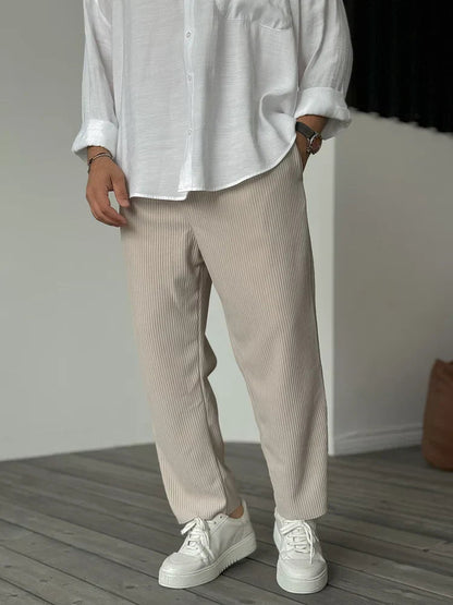 Heren Broek met Geplooide Ribstructuur en Elastische Tailleband Beige