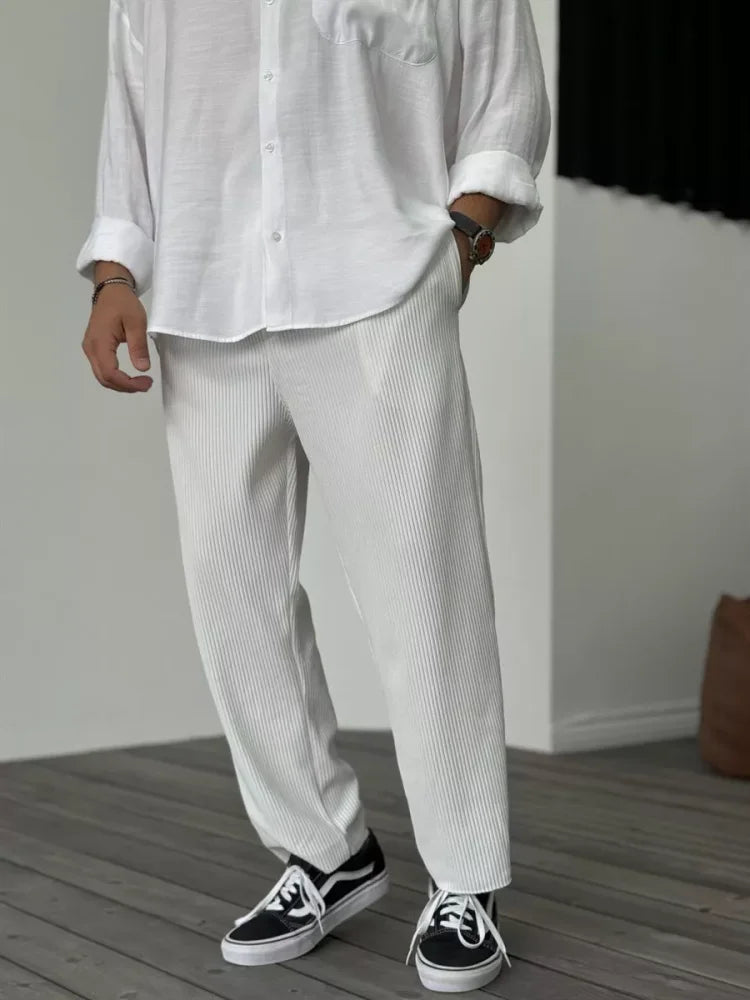 Heren Broek met Geplooide Ribstructuur en Elastische Tailleband Wit