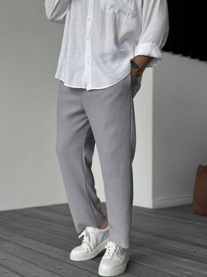 Heren Broek met Geplooide Ribstructuur en Elastische Tailleband Grijs